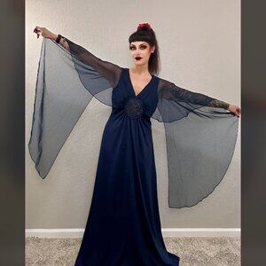 70s Vintage Navy Maxi Dress Angel Wings Cape Boho Formal Avant Garde 14 M/L